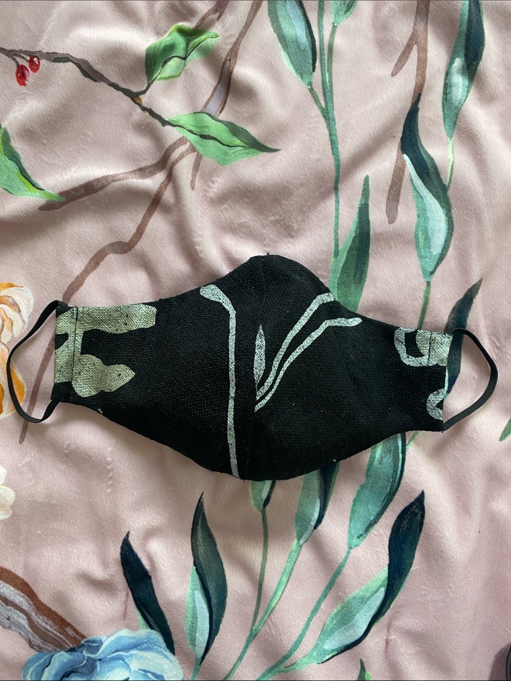 Jack Gomme Black Fabric Face Mask with Subtle Silver Floral Print
